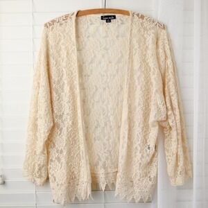 Floral Lace Open Front Wrap Cardigan Top M Cream Fairy Cottagecore Boho Layer